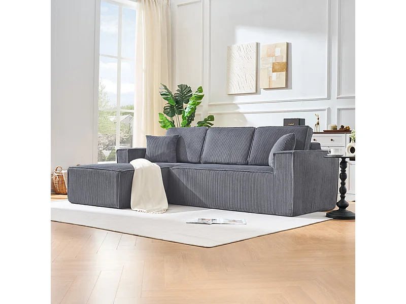 Canapé d'angle gauche modulable, en Velours côtelé, avec 2 oreillers et 128cm méridienne, Gris