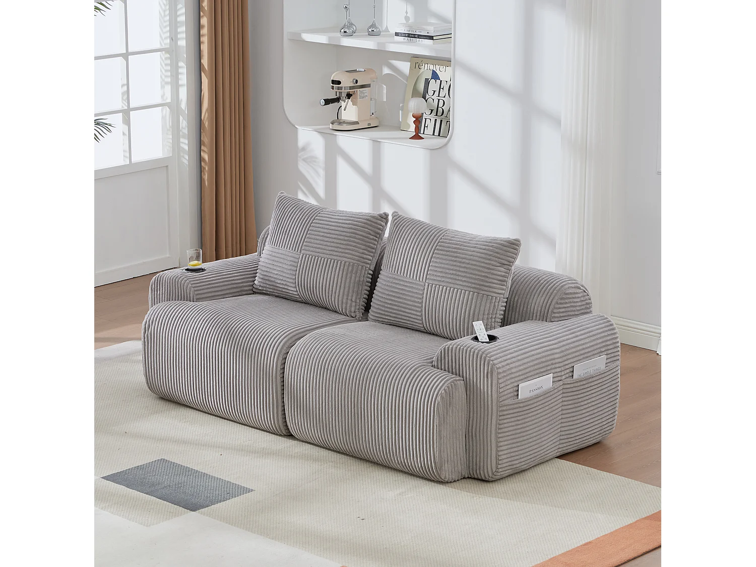 Canapé 2 places modulable en Velours côtelé, avec porte-gobelets et poche latérale, 200x99x80cm, Gris clair