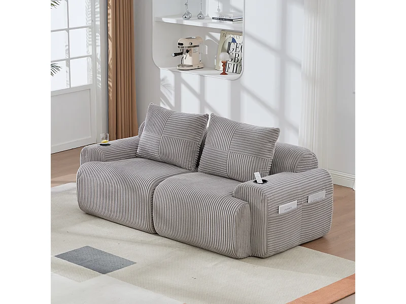 Canapé 2 places modulable en Velours côtelé, avec porte-gobelets et poche latérale, 200x99x80cm, Gris clair