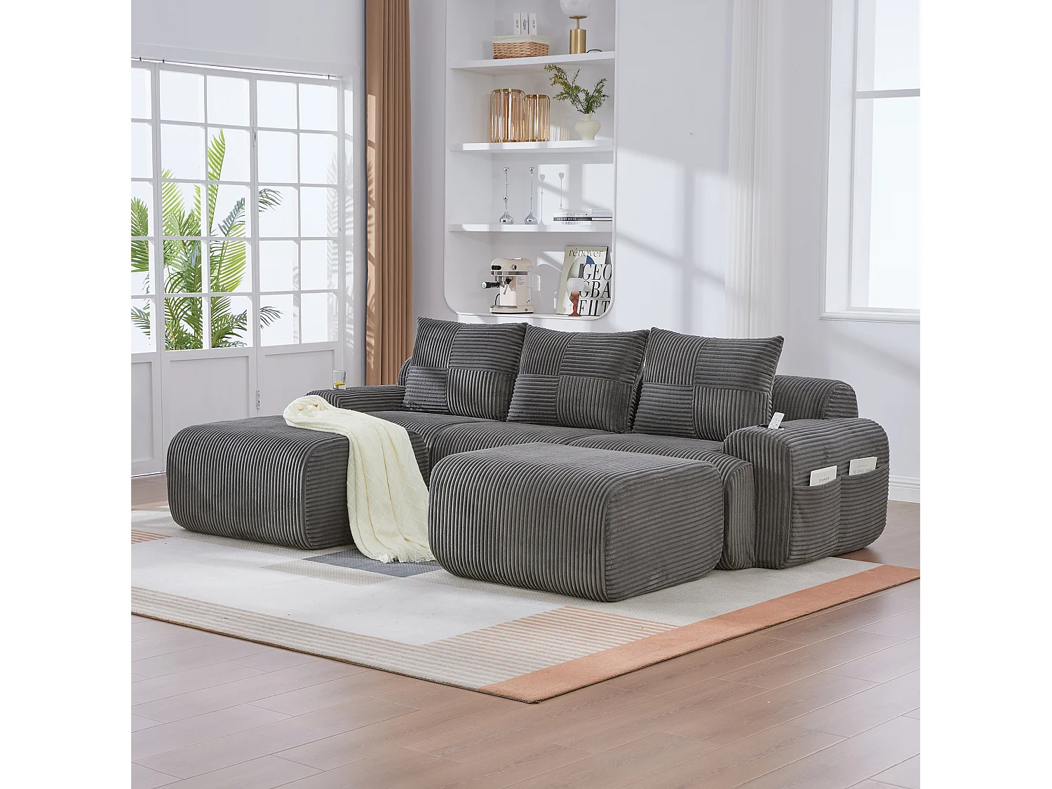 Canapé d'angle modulable en Velours côtelé, avec porte-gobelets, 2 pouf et 3 coussins, 268x174x80cm, Gris anthracite