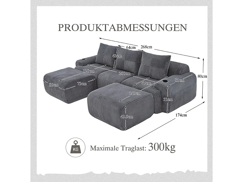 Canapé d'angle modulable en Velours côtelé, avec porte-gobelets, 2 pouf et 3 coussins, 268x174x80cm, Gris anthracite