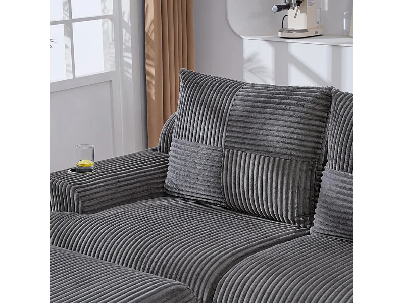 Canapé d'angle modulable en Velours côtelé, avec porte-gobelets, 2 pouf et 3 coussins, 268x174x80cm, Gris anthracite