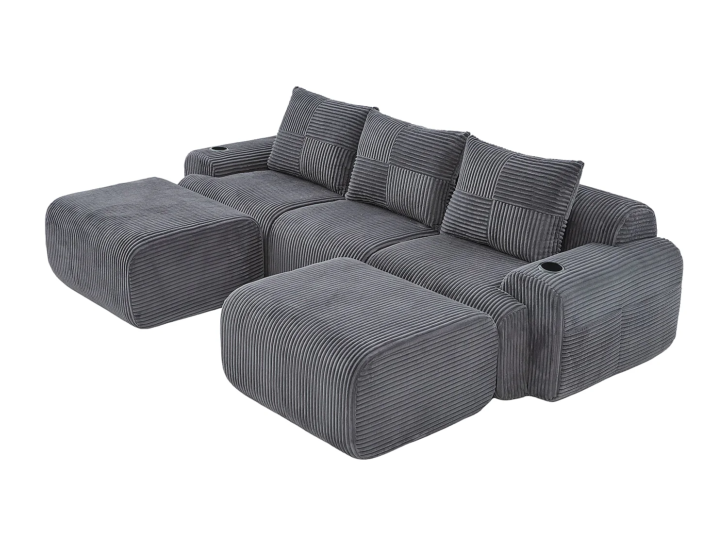 Canapé d'angle modulable en Velours côtelé, avec porte-gobelets, 2 pouf et 3 coussins, 268x174x80cm, Gris anthracite