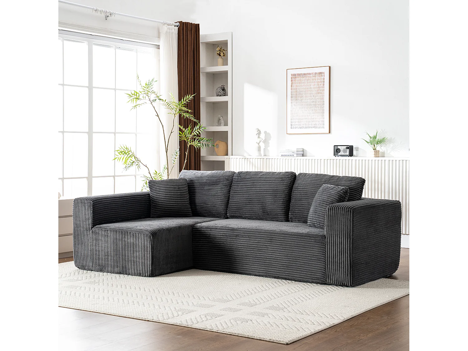 Canapé 3 places d'angle gauche modulable - en Velours côtelé Gris - avec 2 oreillers et méridienne - 258x155x89cm