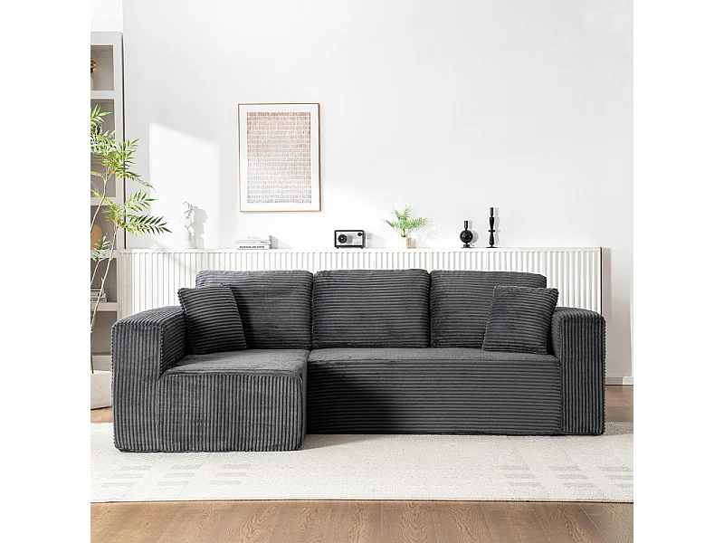 Canapé 3 places d'angle gauche modulable - en Velours côtelé Gris - avec 2 oreillers et méridienne - 258x155x89cm