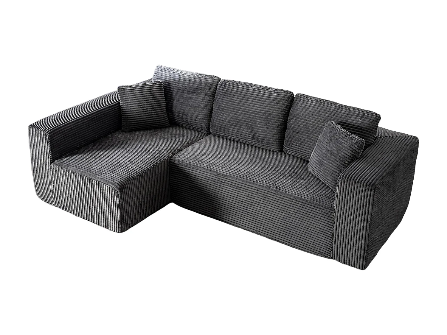 Canapé 3 places d'angle gauche modulable - en Velours côtelé Gris - avec 2 oreillers et méridienne - 258x155x89cm