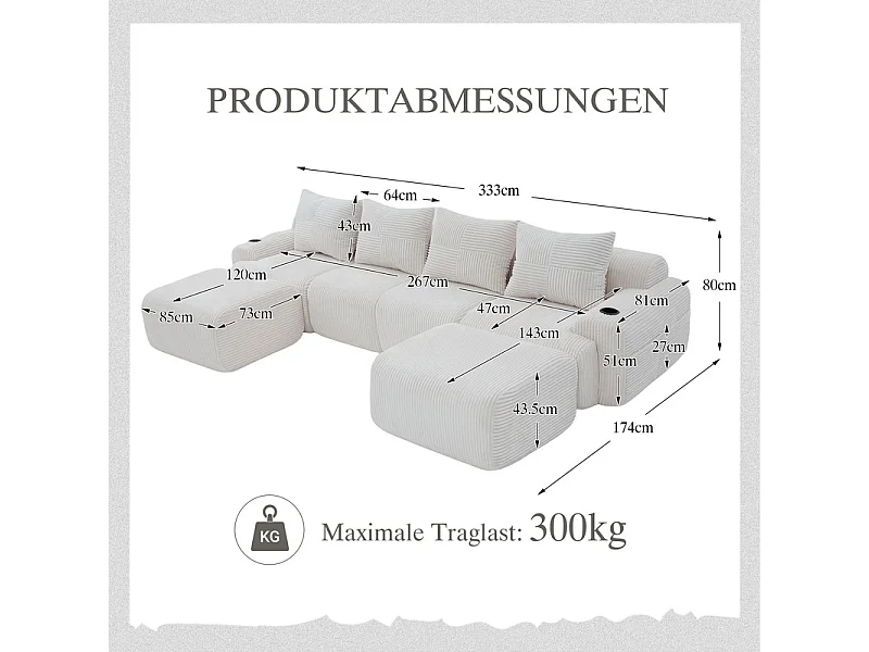 Canapé 4 places d'angle modulable en Velours côtelé, avec 2 pouf et 4 coussins, 333x174x80cm, Beige
