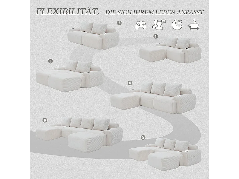 Canapé 4 places d'angle modulable en Velours côtelé, avec 2 pouf et 4 coussins, 333x174x80cm, Beige