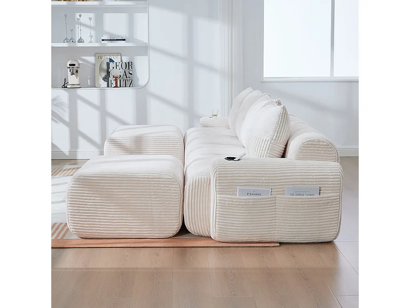 Canapé 4 places d'angle modulable en Velours côtelé, avec 2 pouf et 4 coussins, 333x174x80cm, Beige