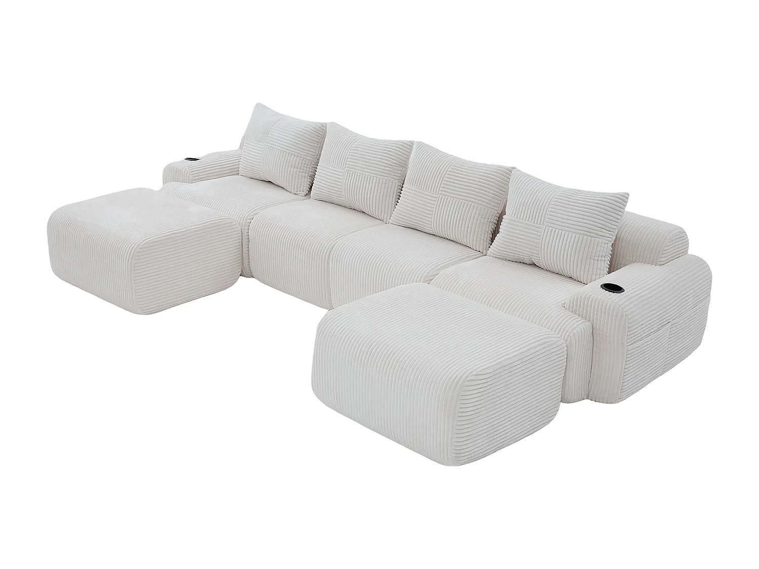 Canapé 4 places d'angle modulable en Velours côtelé, avec 2 pouf et 4 coussins, 333x174x80cm, Beige