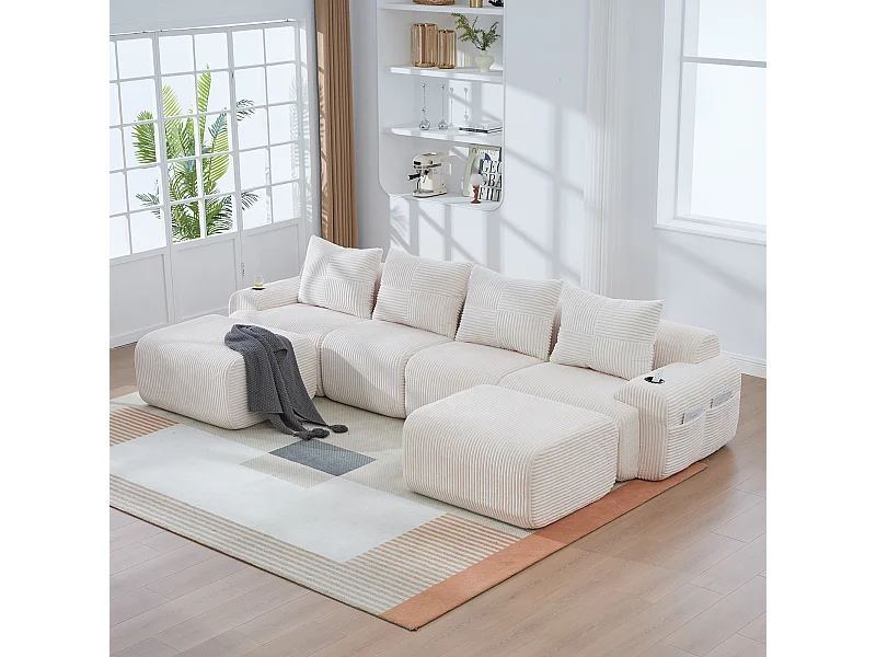 Divano 4 posti angolare modulare velluto a coste, 2 pouf e 4 cuscini, 333x174x80cm, Beige