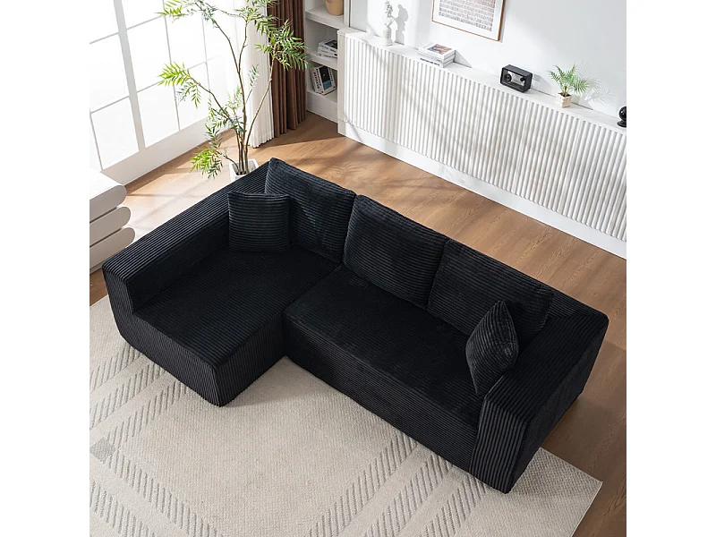 Canapé 3 places d'angle gauche modulable - en Velours côtelé Noir - avec 2 oreillers et méridienne - 258x155x89cm