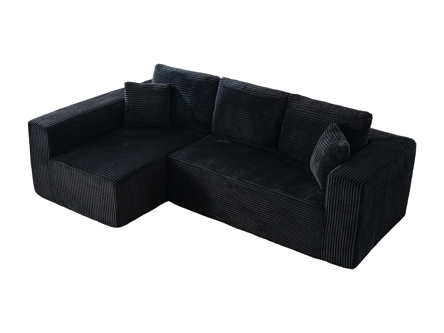 Canapé 3 places d'angle gauche modulable - en Velours côtelé Noir - avec 2 oreillers et méridienne - 258x155x89cm