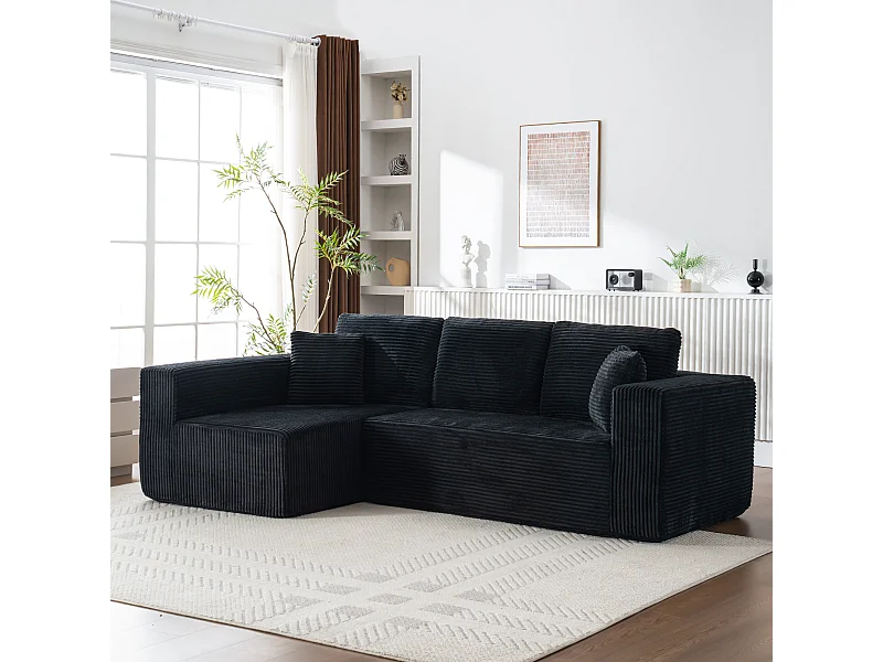 Modulares 3-Sitzer Ecksofa links - Rippensamt Schwarz - 2 Zierkissen, Ottomane - 258x155x89cm