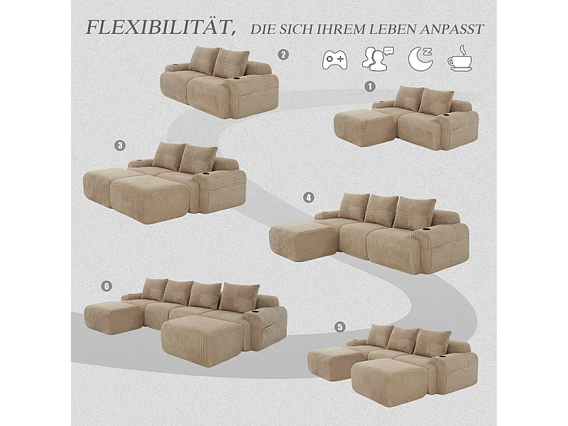 Canapé 4 places d'angle modulable en Velours côtelé, avec 2 pouf et 4 coussins, 333x174x80cm, Kaki