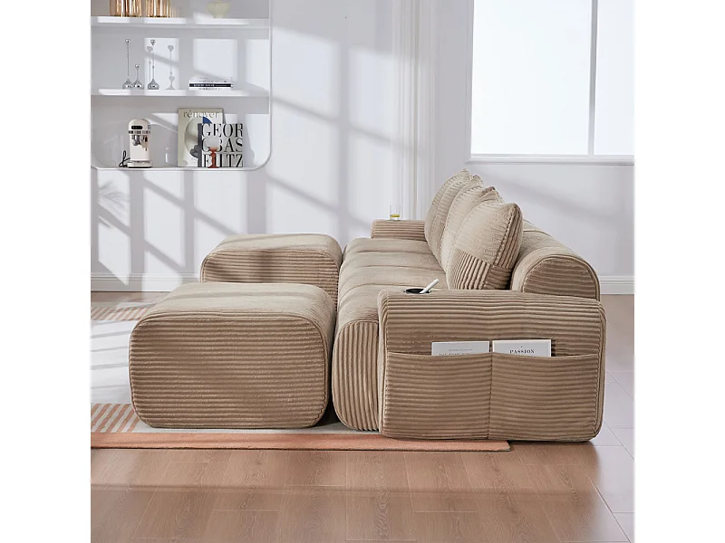 Canapé 4 places d'angle modulable en Velours côtelé, avec 2 pouf et 4 coussins, 333x174x80cm, Kaki