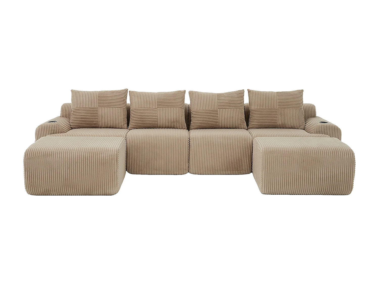 Canapé 4 places d'angle modulable en Velours côtelé, avec 2 pouf et 4 coussins, 333x174x80cm, Kaki