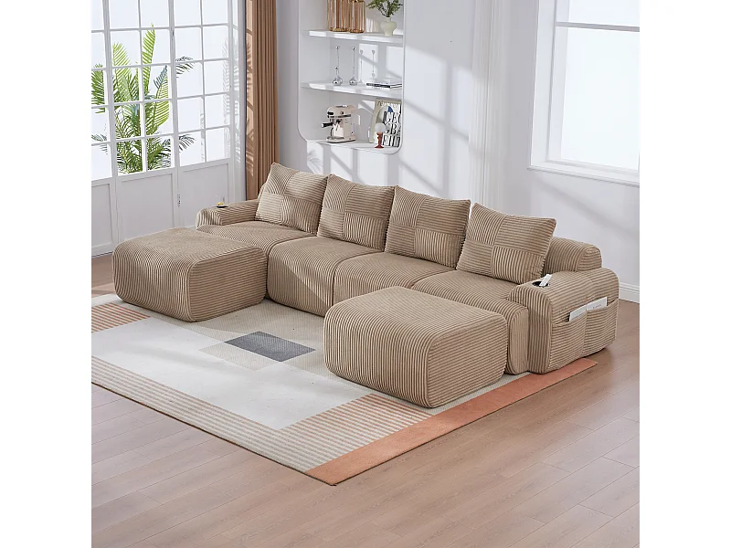 Divano 4 posti angolare modulare velluto a coste, 2 pouf e 4 cuscini, 333x174x80cm, Cachi
