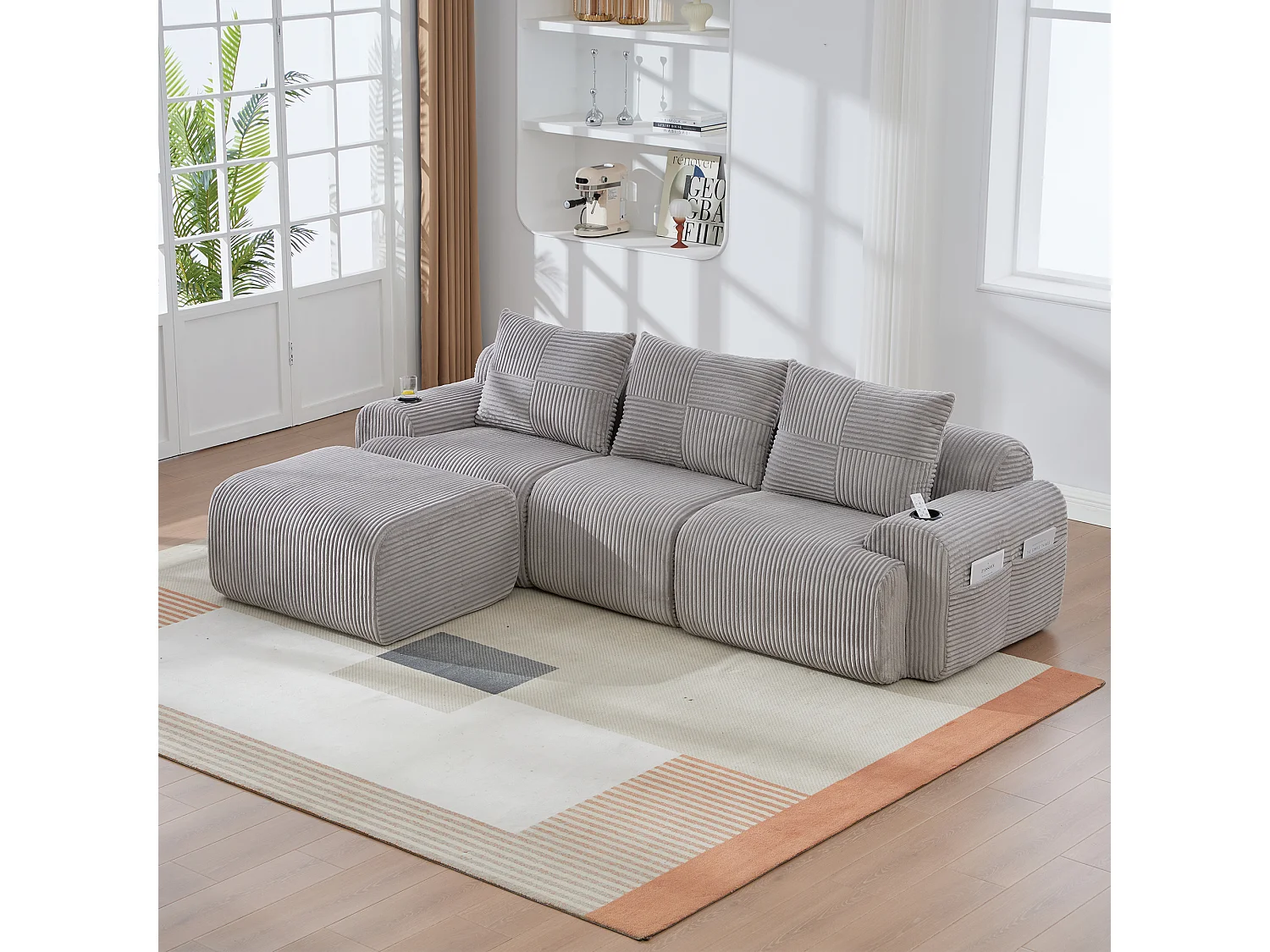 Canapé 3 places d'angle modulable en Velours côtelé, avec pouf, porte-gobelets et poche latérale, 268x174x80cm, Gris clair