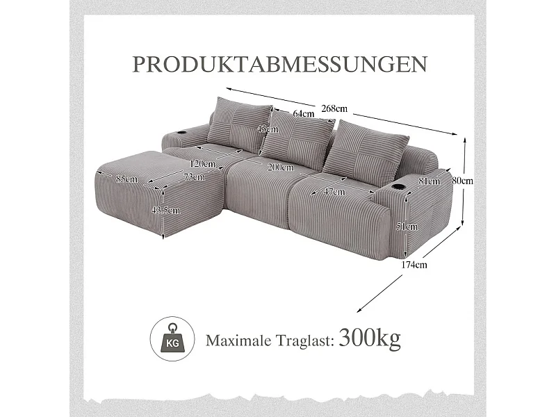 Canapé 3 places d'angle modulable en Velours côtelé, avec pouf, porte-gobelets et poche latérale, 268x174x80cm, Gris clair