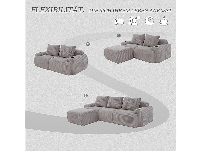 Canapé 3 places d'angle modulable en Velours côtelé, avec pouf, porte-gobelets et poche latérale, 268x174x80cm, Gris clair