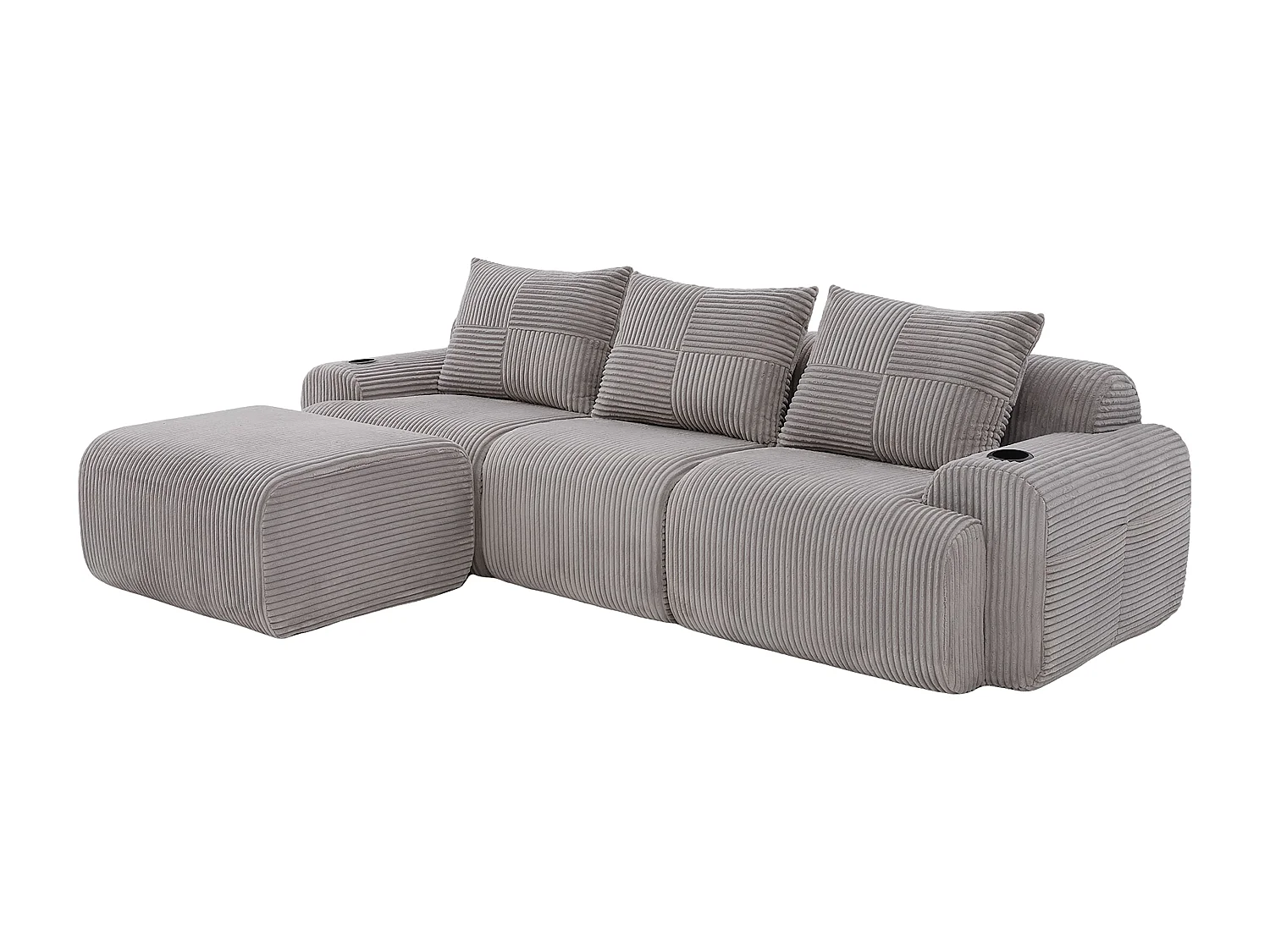 Canapé 3 places d'angle modulable en Velours côtelé, avec pouf, porte-gobelets et poche latérale, 268x174x80cm, Gris clair