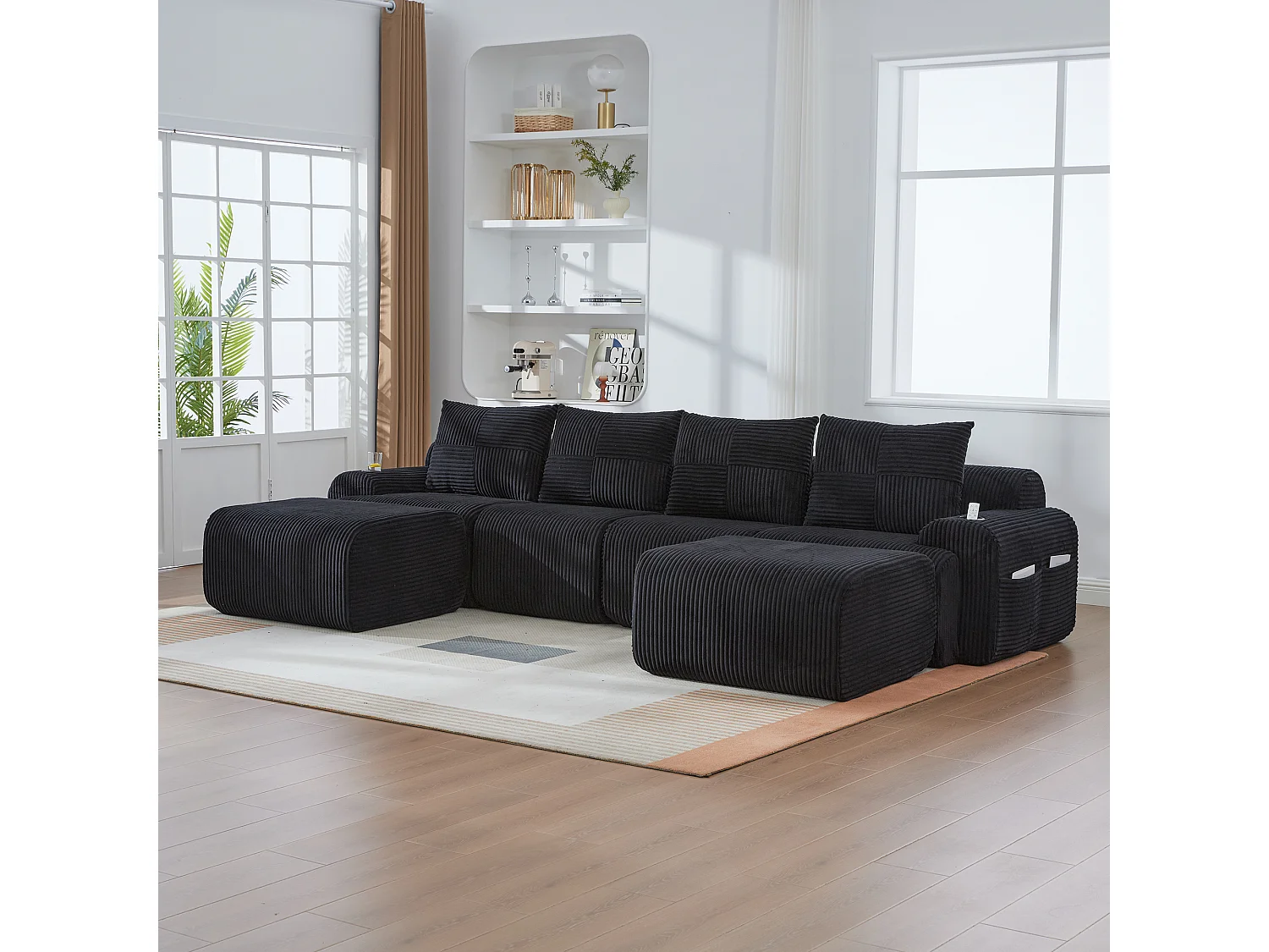 Canapé 4 places d'angle modulable en Velours côtelé, avec 2 pouf et 4 coussins, 333x174x80cm, Noir