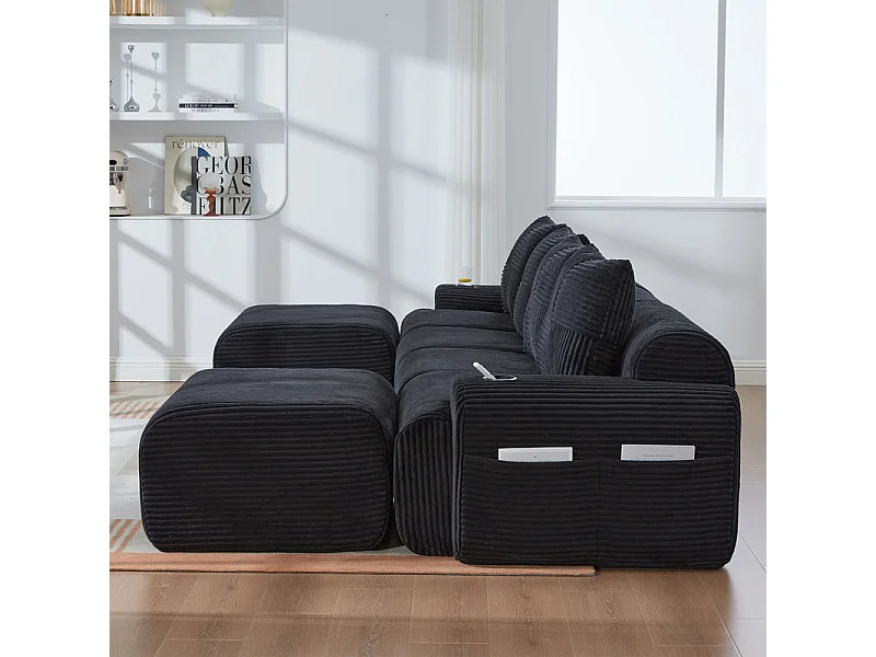 Canapé 4 places d'angle modulable en Velours côtelé, avec 2 pouf et 4 coussins, 333x174x80cm, Noir