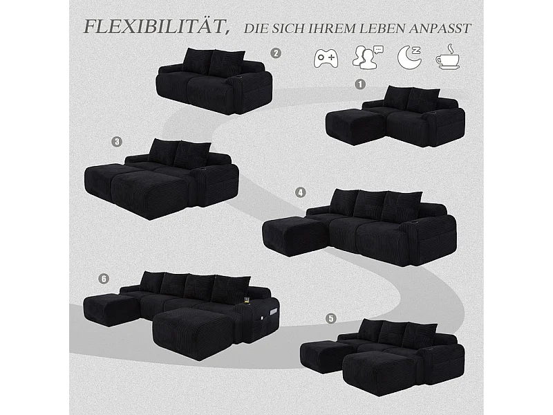 Canapé 4 places d'angle modulable en Velours côtelé, avec 2 pouf et 4 coussins, 333x174x80cm, Noir