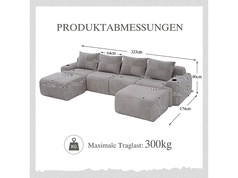 Canapé 4 places d'angle modulable en Velours côtelé, avec 2 pouf et 4 coussins, 333x174x80cm, Gris clair