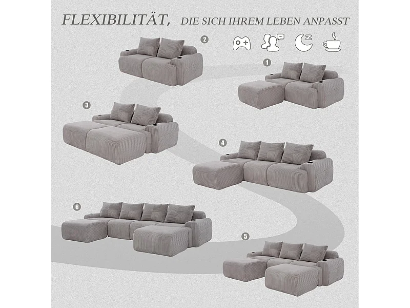 Canapé 4 places d'angle modulable en Velours côtelé, avec 2 pouf et 4 coussins, 333x174x80cm, Gris clair