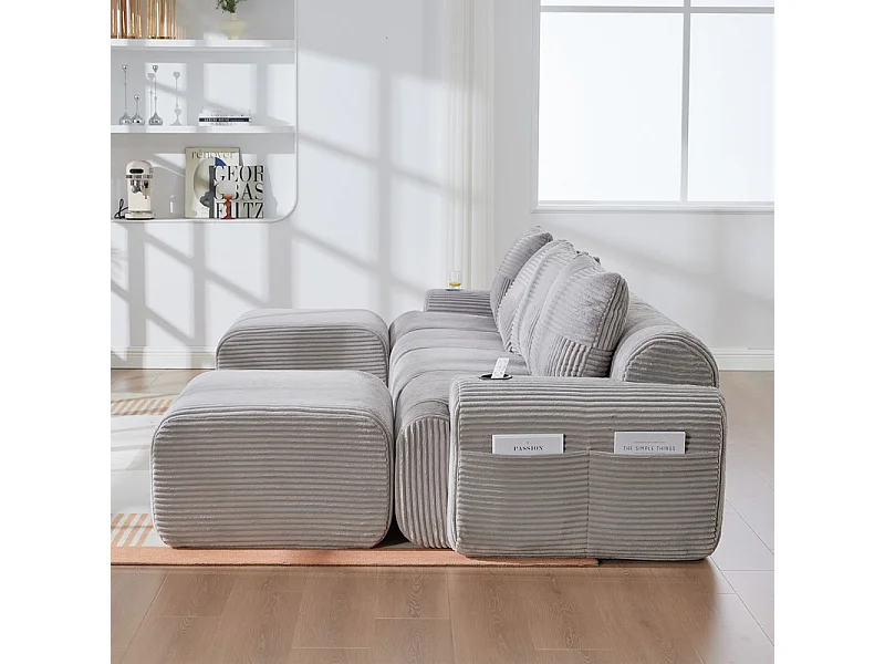 Canapé 4 places d'angle modulable en Velours côtelé, avec 2 pouf et 4 coussins, 333x174x80cm, Gris clair