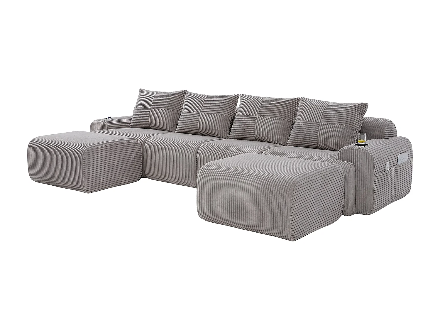 Canapé 4 places d'angle modulable en Velours côtelé, avec 2 pouf et 4 coussins, 333x174x80cm, Gris clair