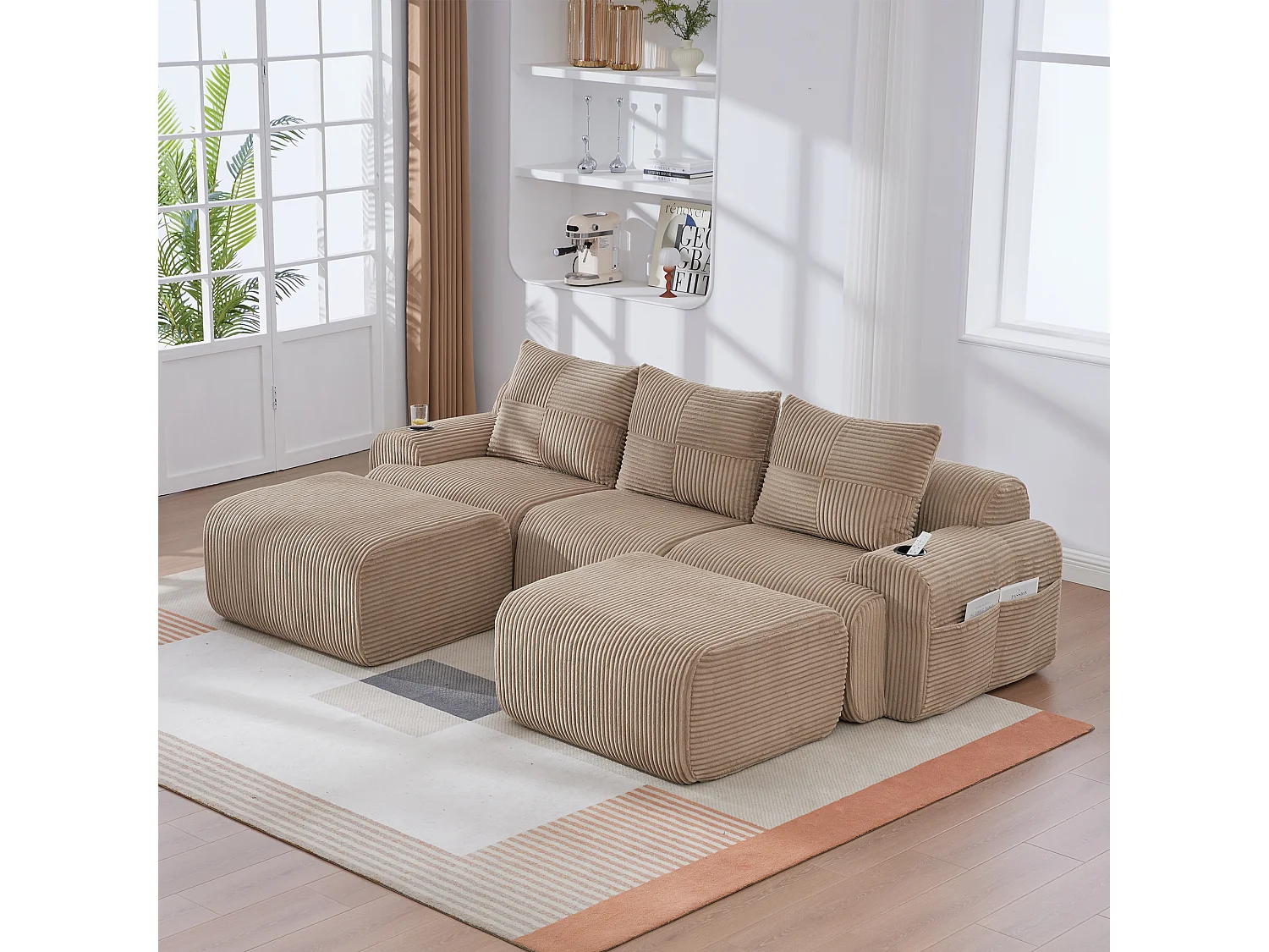 Modulaire hoekbank ribfluweel, bekerhouders, 2 poufs en 3 kussens, 268x174x80cm, Kaki