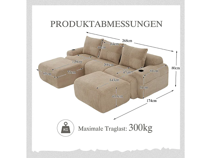 Modulaire hoekbank ribfluweel, bekerhouders, 2 poufs en 3 kussens, 268x174x80cm, Kaki