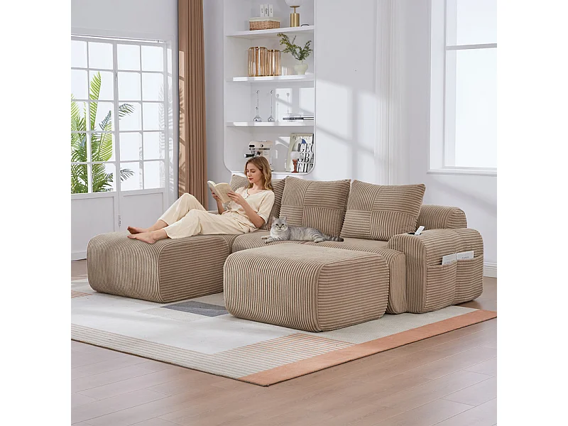 Modulaire hoekbank ribfluweel, bekerhouders, 2 poufs en 3 kussens, 268x174x80cm, Kaki