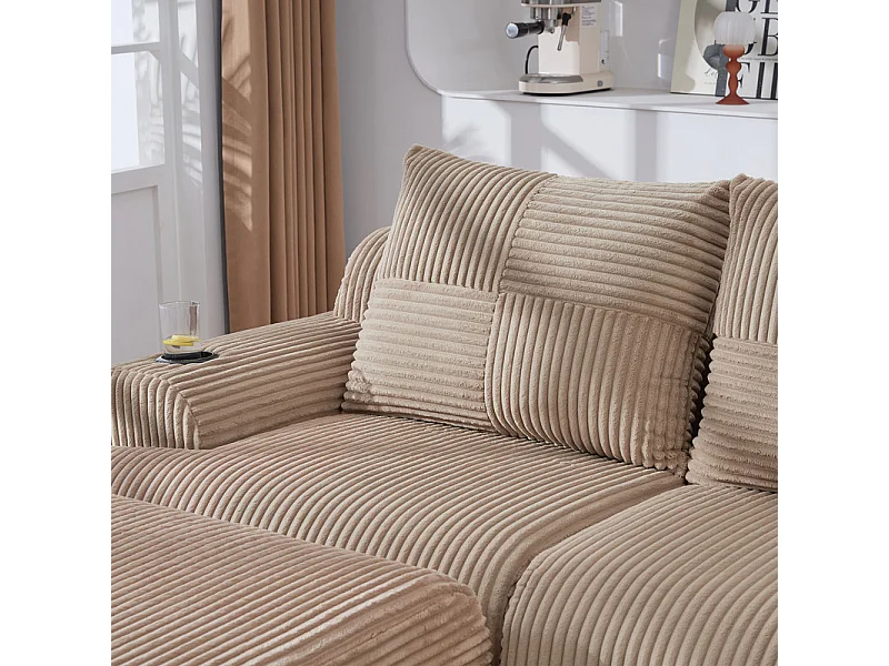 Modulaire hoekbank ribfluweel, bekerhouders, 2 poufs en 3 kussens, 268x174x80cm, Kaki