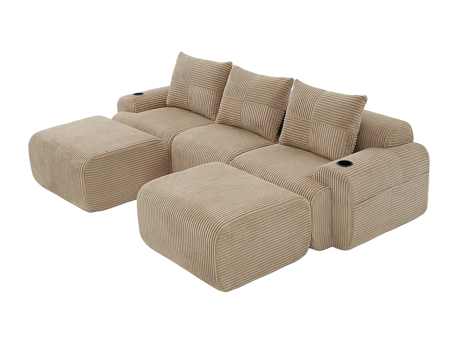 Modulaire hoekbank ribfluweel, bekerhouders, 2 poufs en 3 kussens, 268x174x80cm, Kaki