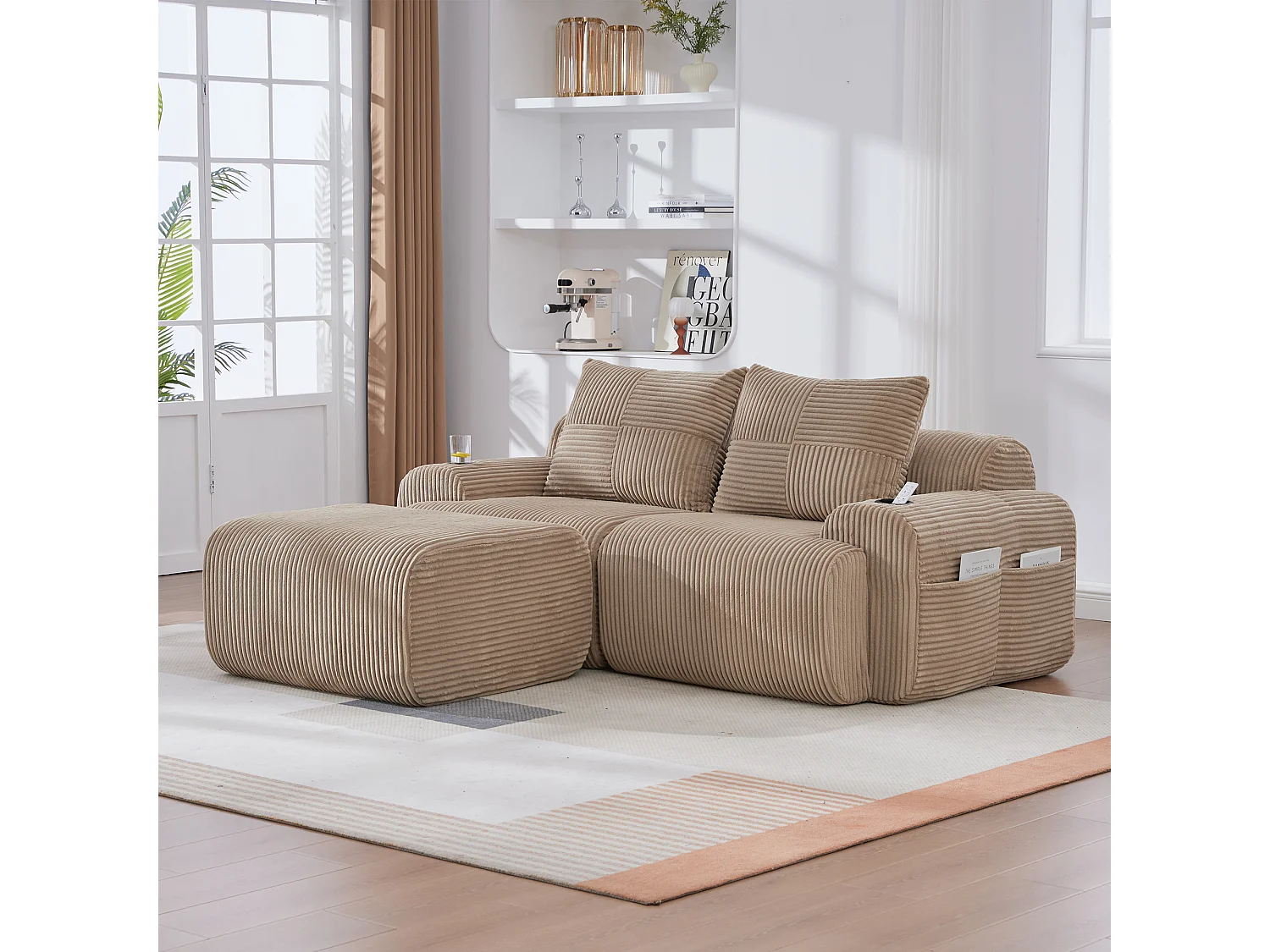 Modulaire 2-zits hoekbank ribfluweel, pouf, bekerhouders en zijvak, 200x174x80cm, Kaki