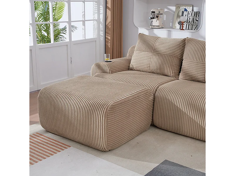 Modulaire 2-zits hoekbank ribfluweel, pouf, bekerhouders en zijvak, 200x174x80cm, Kaki
