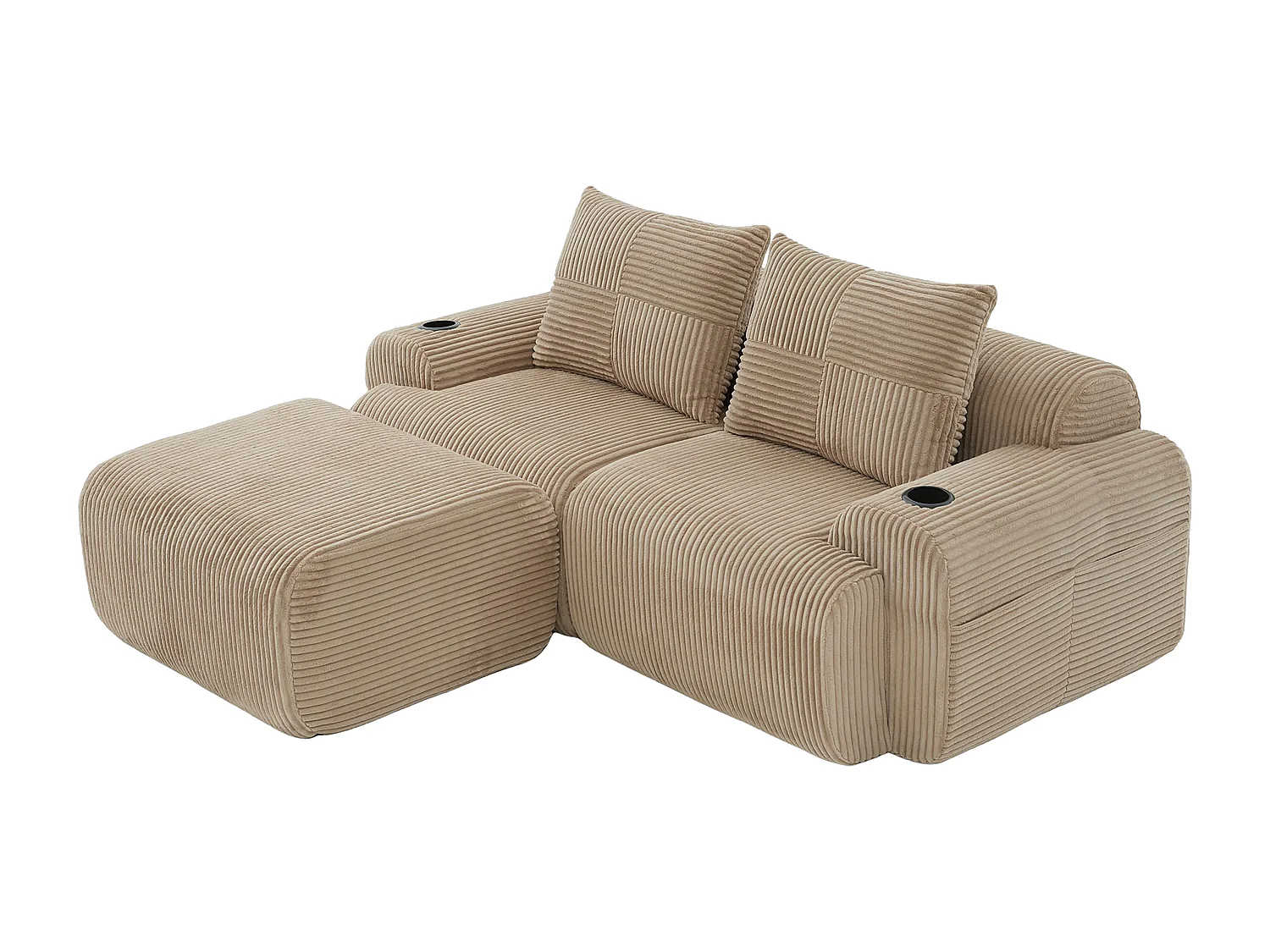 Modulaire 2-zits hoekbank ribfluweel, pouf, bekerhouders en zijvak, 200x174x80cm, Kaki