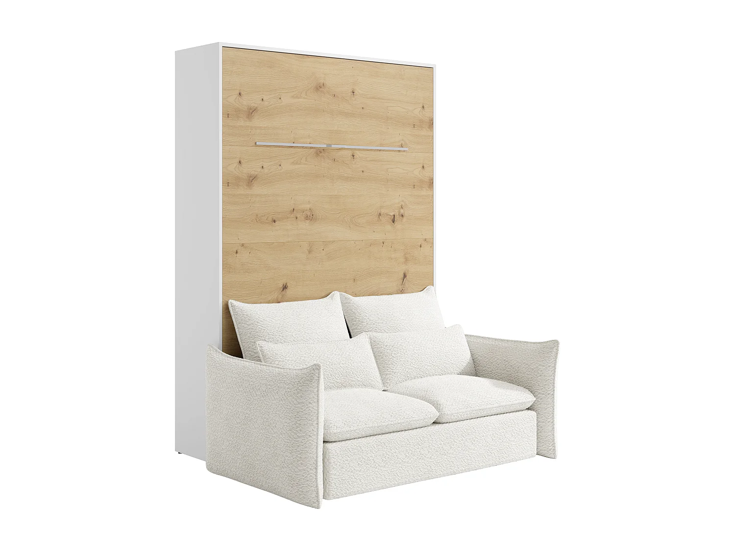 Lit escamotable 160 x 200 cm - Ouverture verticale manuelle - Avec LEDs - Blanc et naturel + Canapé - RAPILI