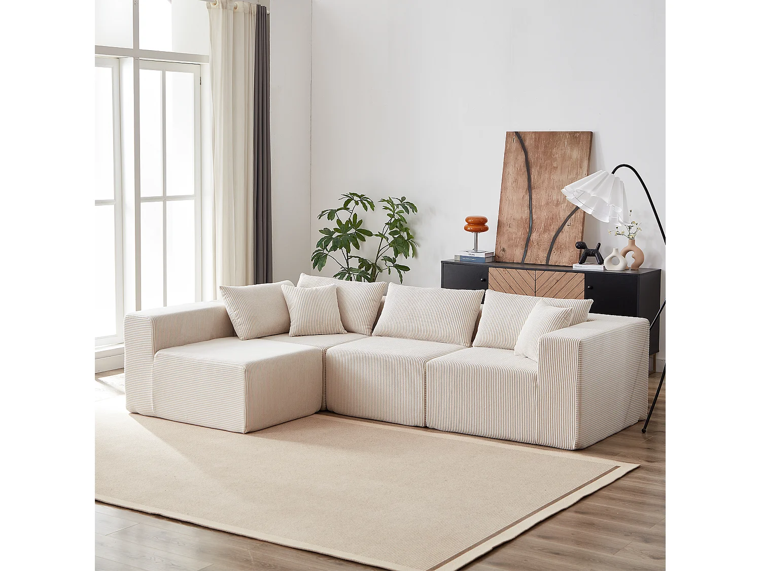 Modulaire hoekbank - Ribfluweel - 3/4-zits - 3 kussens en 3 sierkussens - Beige