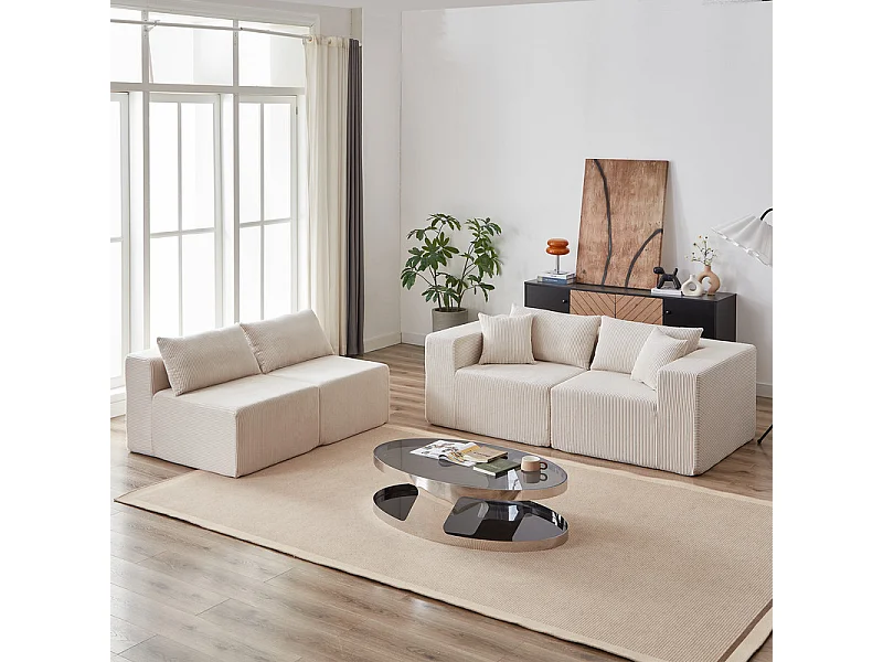 Modulaire hoekbank - Ribfluweel - 3/4-zits - 3 kussens en 3 sierkussens - Beige