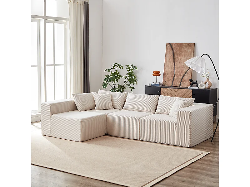 Divano angolare modulare - Velluto a coste - 3/4 posti - 3 cuscini e 3 guanciali - Beige