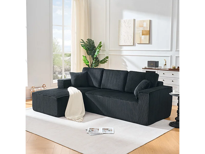 Canapé d'angle gauche modulable, en Velours côtelé, avec 2 oreillers et 128cm méridienne, Noir