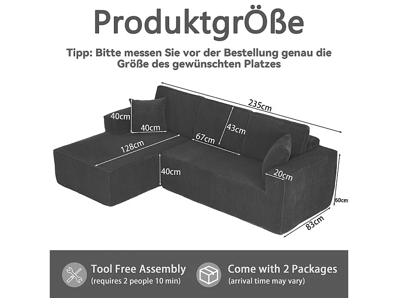 Canapé d'angle gauche modulable, en Velours côtelé, avec 2 oreillers et 128cm méridienne, Noir