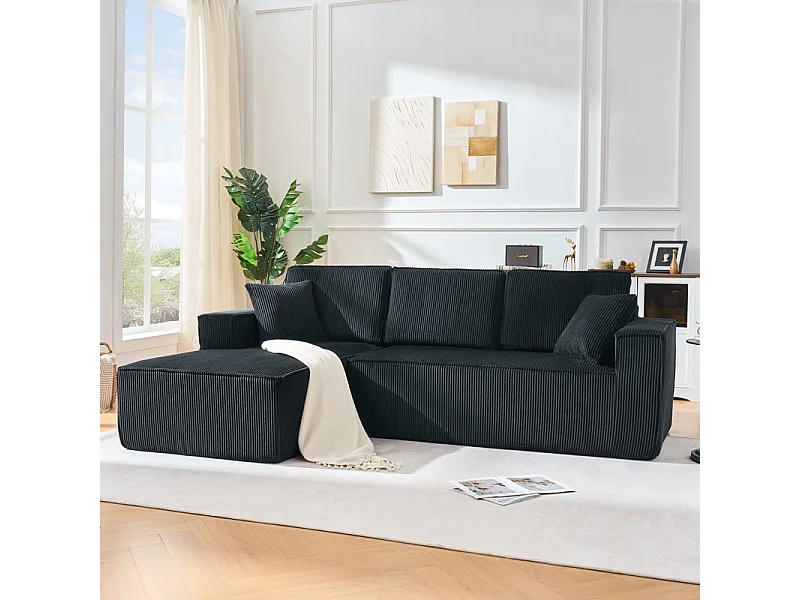 Canapé d'angle gauche modulable, en Velours côtelé, avec 2 oreillers et 128cm méridienne, Noir
