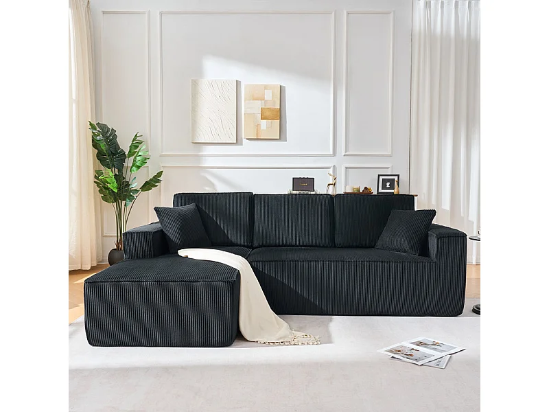 Canapé d'angle gauche modulable, en Velours côtelé, avec 2 oreillers et 128cm méridienne, Noir