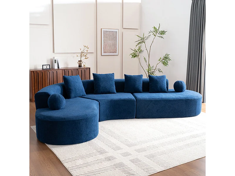Canapé d'angle gauche modulable en Chenille - 5 Places - avec 4 oreillers - Bleu - 327x215x65cm